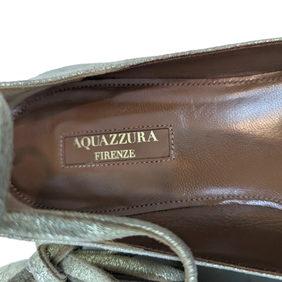 Aquazzura Leather Lace Up Ballet Flats Shoes Womens 39 Gold Designer Luxury - Picture 4 of 10